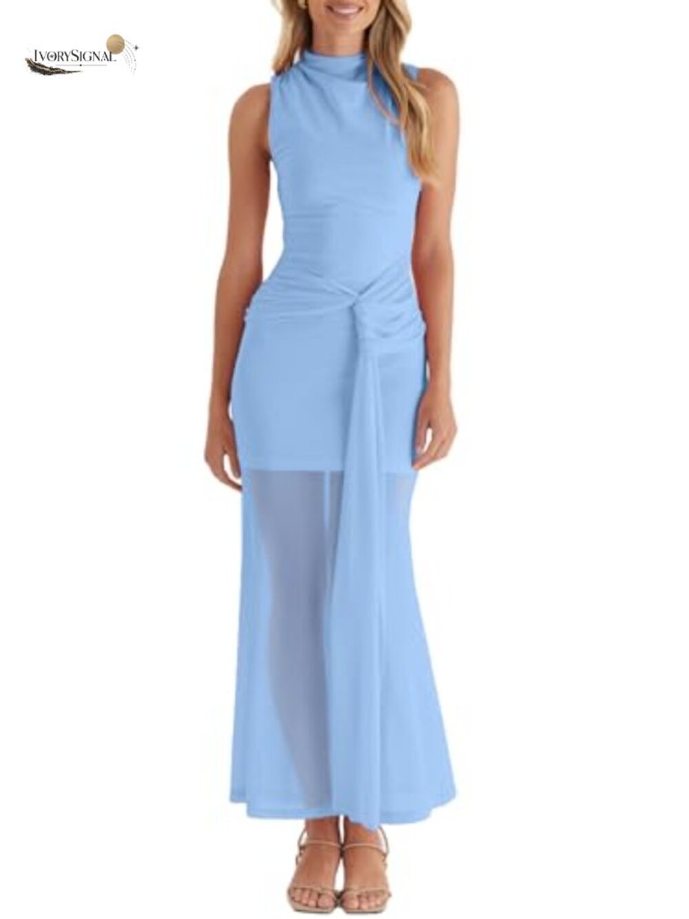 Sleeveless Mock Neck Ruched Mesh Bodycon Maxi Dress Sheer Hem Wedding Guest